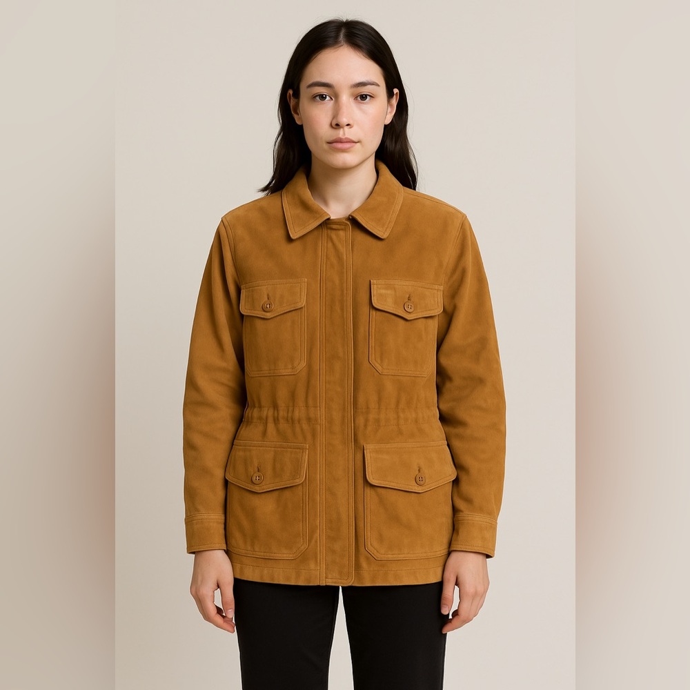 VTG Georgetown Leather Design Tan Suede Safari Jacket S Field Coat 100% Leather